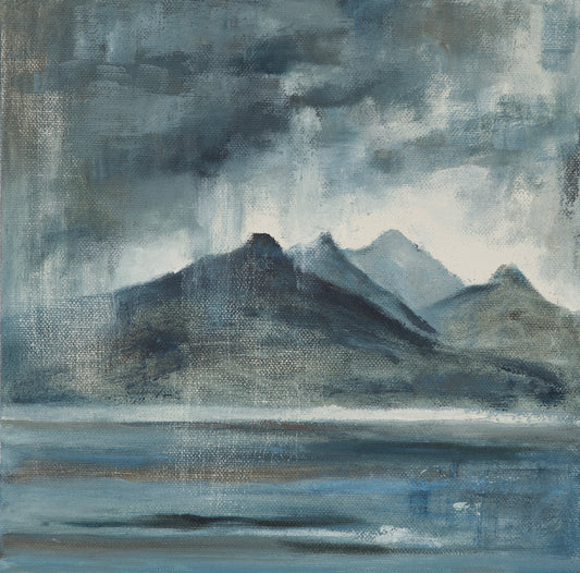 painting of moody sky with scattered rain over the mountains of the Outer Hebrides.