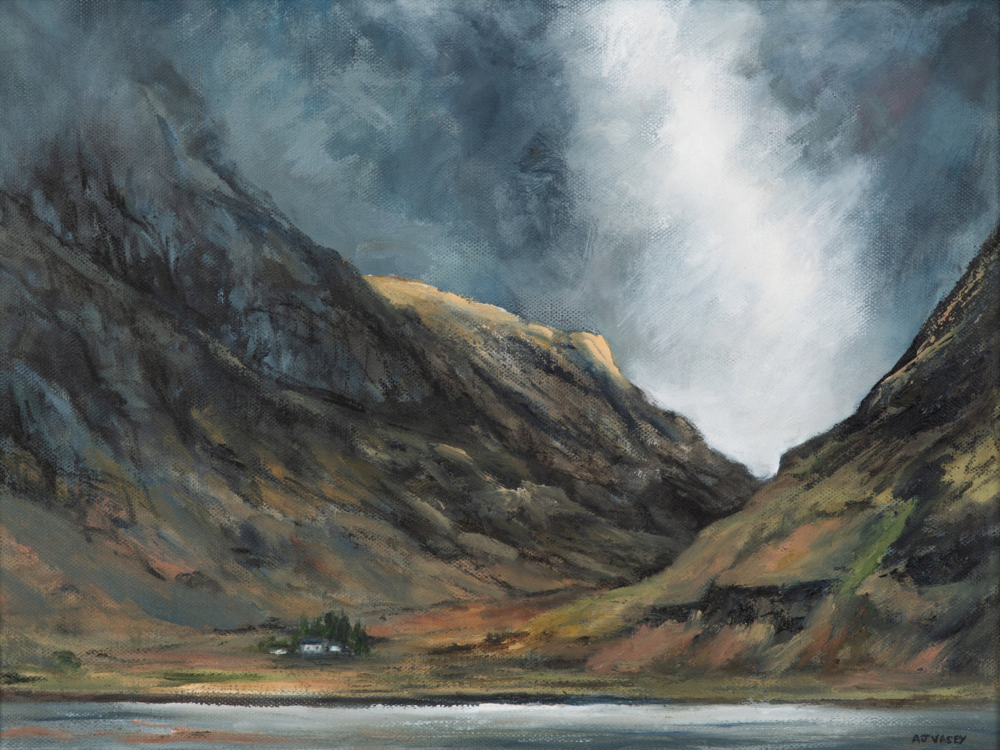 oil painting of a dramatic view through mountains with light catching the grassy crags in Glencoe Scotland