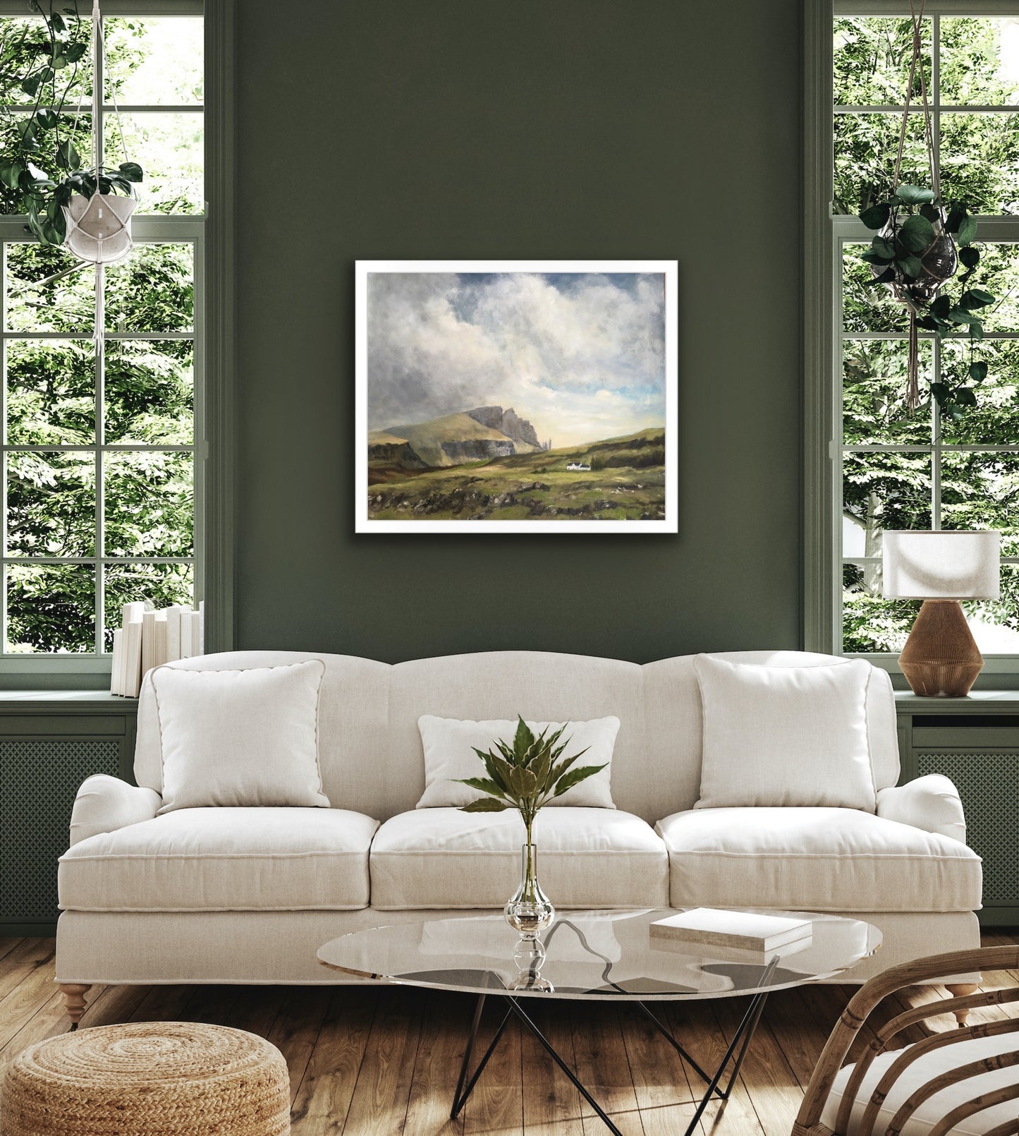 Oil painting in living room situ with green wall and white sofa